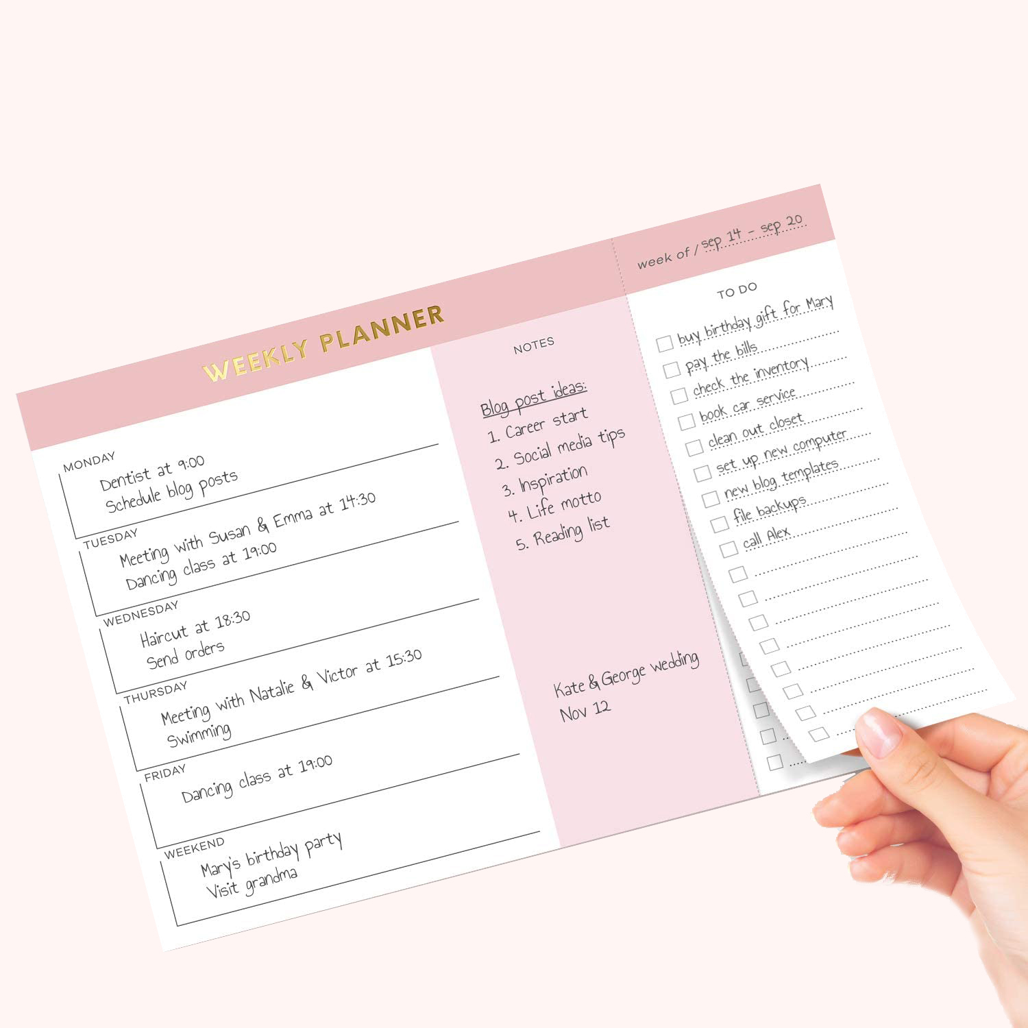 Weekly Notepads Custom Logo Printed Pink Gold With Tear Off To Do List